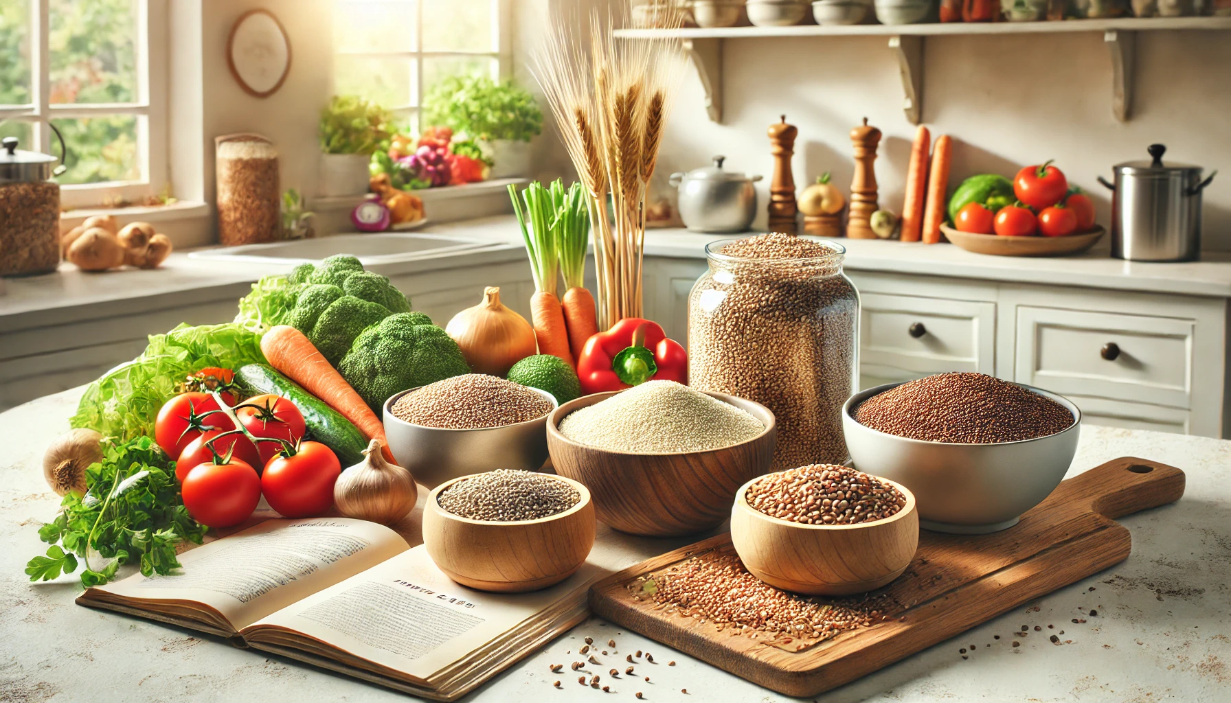 A modern kitchen scene with bowls of low-carb grains like quinoa, buckwheat, and chia seeds on a countertop, surrounded by fresh vegetables, herbs, and a cookbook, suggesting healthy meal preparation.