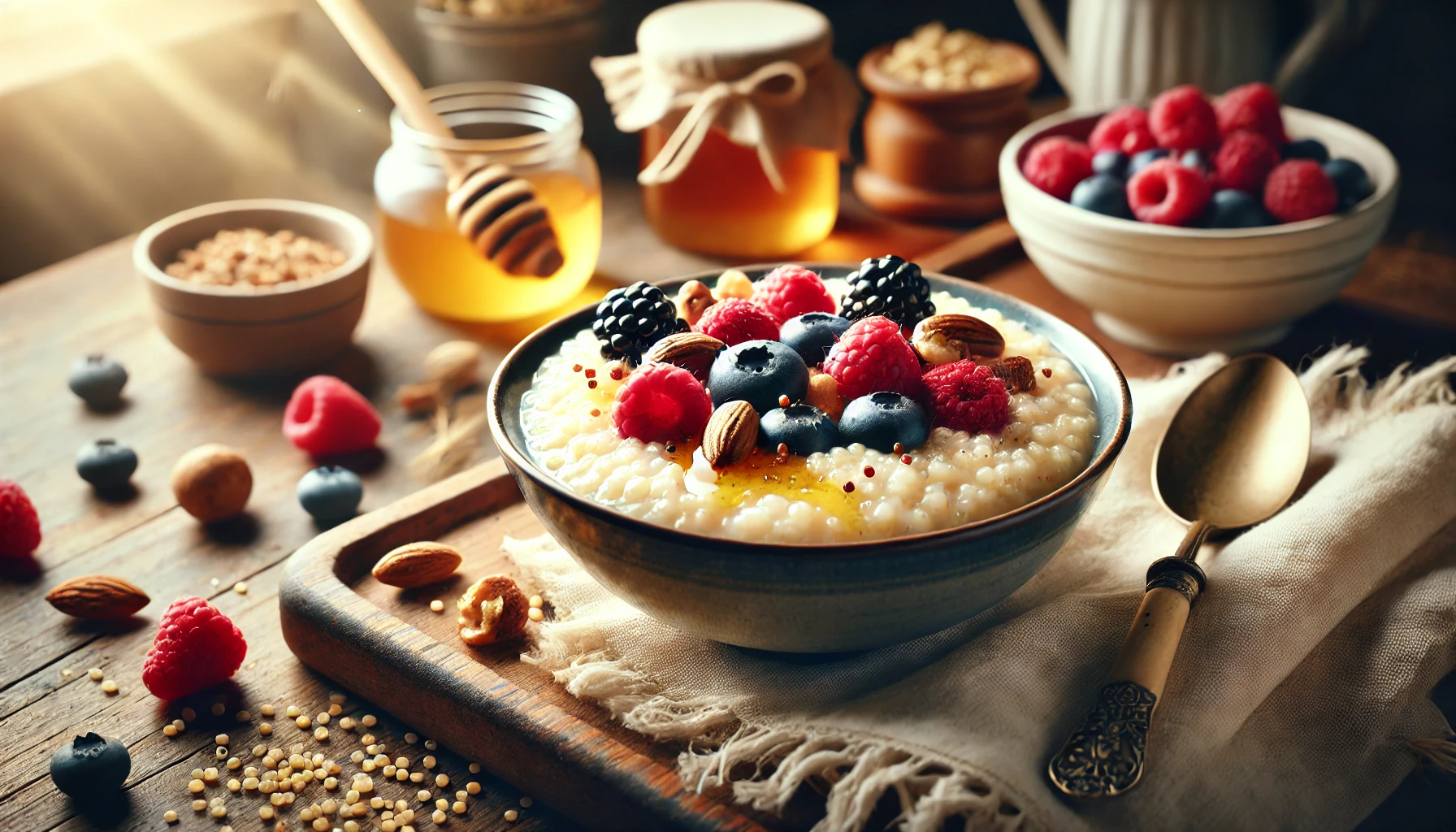 A bowl of creamy millet porridge topped with fresh berries, nuts, and a drizzle of honey, served in a cozy kitchen setting, highlighting the warm and nutritious qualities of millet porridge.