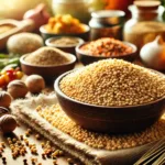 A bowl of golden millet grains on a wooden table, surrounded by fresh vegetables, nuts, and herbs in a bright kitchen setting, emphasizing the nutritional benefits and versatility of millet.