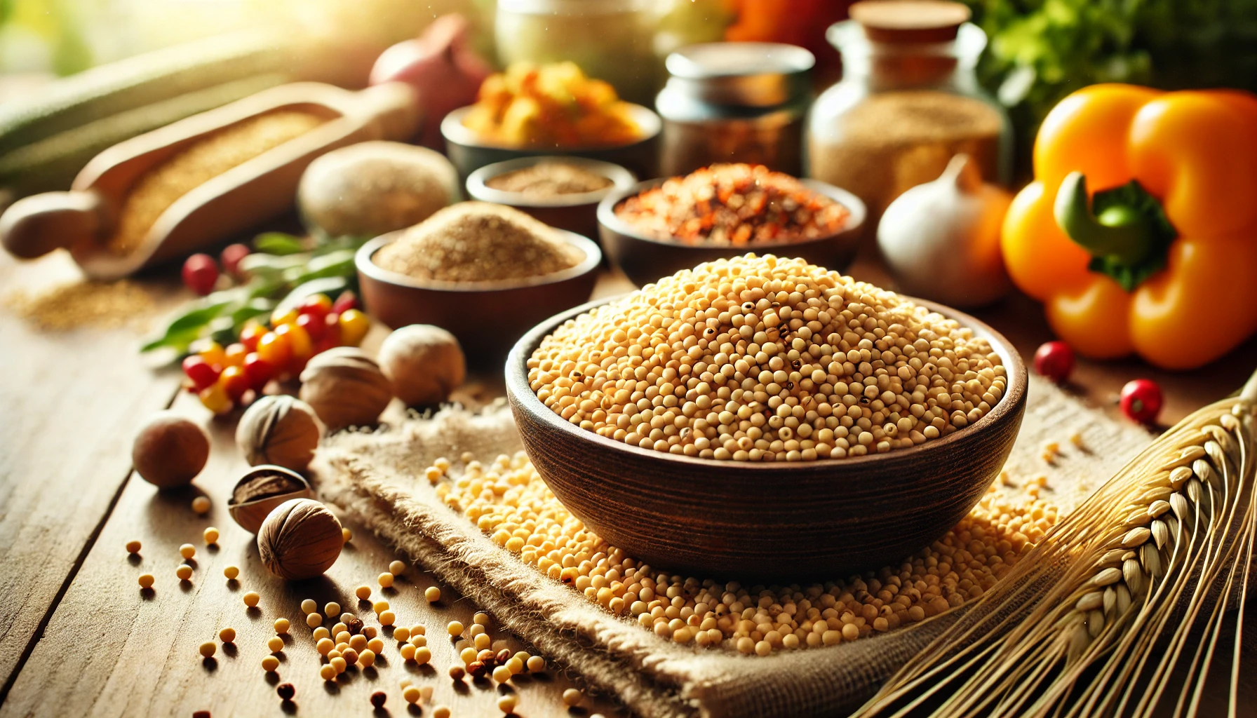 A bowl of golden millet grains on a wooden table, surrounded by fresh vegetables, nuts, and herbs in a bright kitchen setting, emphasizing the nutritional benefits and versatility of millet.