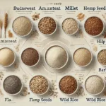 Infographic displaying nine low-carb grains: quinoa, buckwheat, amaranth, millet, chia seeds, flaxseeds, hemp seeds, wild rice, and barley. Each grain is shown in a small bowl or pile with clear labels, set against a neutral background.