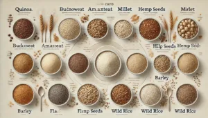 Infographic displaying nine low-carb grains: quinoa, buckwheat, amaranth, millet, chia seeds, flaxseeds, hemp seeds, wild rice, and barley. Each grain is shown in a small bowl or pile with clear labels, set against a neutral background.