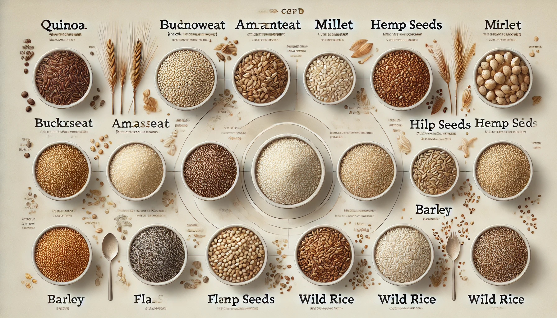 Infographic displaying nine low-carb grains: quinoa, buckwheat, amaranth, millet, chia seeds, flaxseeds, hemp seeds, wild rice, and barley. Each grain is shown in a small bowl or pile with clear labels, set against a neutral background.