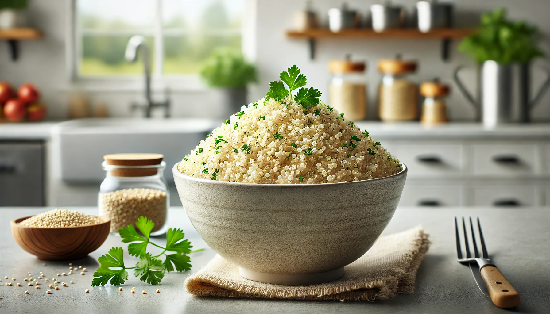 A bowl of cooked quinoa garnished with parsley in a cozy kitchen setting, showcasing a healthy and nutritious grain bowl.