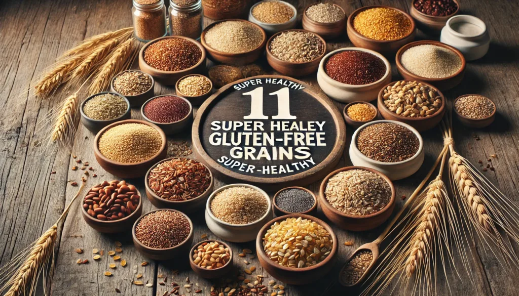 A rustic wooden table with bowls and jars containing various gluten-free grains such as Quinoa, Brown Rice, Amaranth, Buckwheat, Millet, Sorghum, Teff, Oats, Wild Rice, Corn, and Chia Seeds, arranged in a visually appealing manner with grains scattered around.